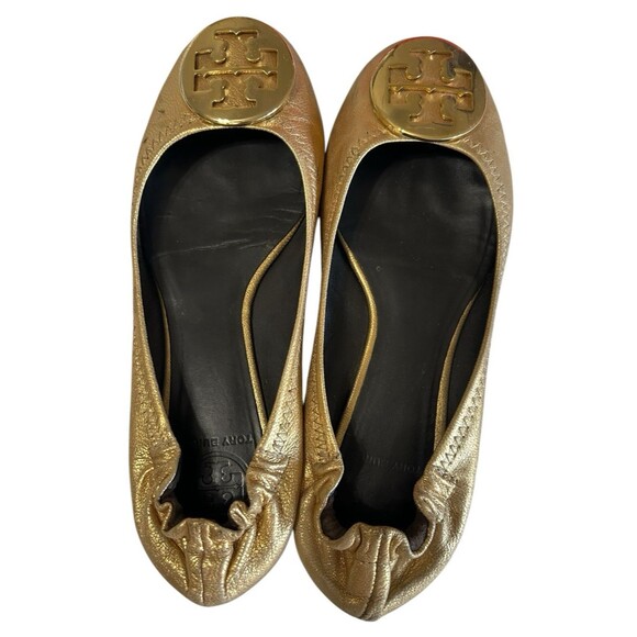 Tory Burch Distressed Leather Reva Gold Ballet Flat Slip On Shoes Womens Sz 6.5 - Picture 8 of 16